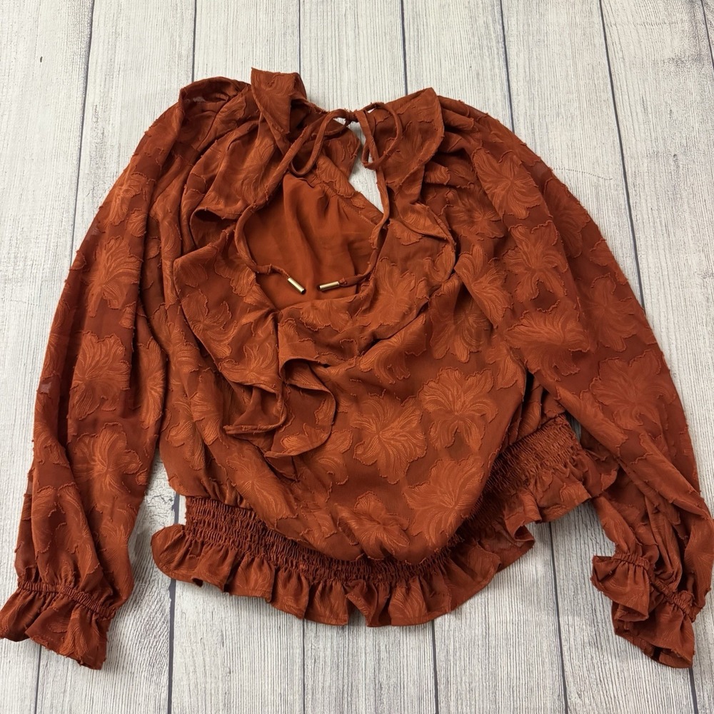 Anthropologie Floral Textured Crimson Orange Blouse Top Women's Size Large - Picture 7 of 9